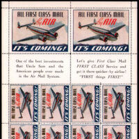 A pane of airmail etiquettes published by Lockheed Aircraft Co in 1941, advocating all first-class mail should be sent by air mail--self-serving promotion for an aircraft maker. Lockheed would soon be extra busy with World War 2. The airliner shown is a Lockheed Elektra Model 12. Multicolor halftone pane, 5.25 x 8”