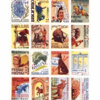 Guadalajara Tourism pane, era unknown. The city in Spain, as shown by coat-of-arms upper left. Mid-October is now a national holiday begun as Columbus Day. Stamps refer to trade & livestock fairs & festivals. Artist signed Bercerelli. pane is ± 7"x9"