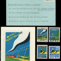Denmark – HFHJ - Hillerød-Frederiksværk-Hundested Jernbane (Railway). Beach Tours in North Zealand – August 1934. A brochure and envelope, with poster stamps and railway parcel stamps sharing the same images. The images on the stamps are also depicted inside the brochure.