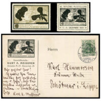 Design by Kurt A. Meissner for 1909 Dresden Poultry Breeders 46th Exhibition. One stamp noting the event & one probably for group promotion, undated. Postcard for Meissner’s office also uses the design; Meissner’s signature and personal note are on the card, mailed in 1909. The artist’s logo is in small circle at upper right in the drawing.