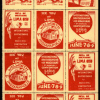 Block of 5 designs for the International Brotherhood of Magicians convention in Lima, Ohio in June 1928. Terracotta ink on yellow tinted paper, seen in other colors. Pane is about 9.5 x 5.4 inches.