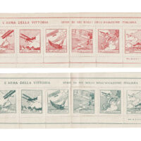 "The Arms of Victory - Series of Six Stamps of Italian Aviation". A WW1 patriotic (1915-18) set. "The winged one raises the empire to the sky; Dare the unbearable; Higher, further; Leave no stone unturned; Don't be afraid to meet anyone."
pane approx. 2" x 6". artist name unreadable, printer in Milan.