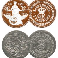 The Nordic Exhibition of Industry, Agriculture, and Art of 1888 - Copenhagen, Denmark. A “double medallion” type of poster stamp was produced in many colors, embossed and die-cut, and the text on the left translates to “The Deeds of Peace Bear Fruit”. The bottom example shows a rare doubling of the embossing die.