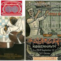 Denmark – 1908 Cooking & Catering Exhibition in Copenhagen. Poster stamp, Postcard, and Exhibition Catalog Cover. The poster stamp is an “award” style recognizing Adolf Prior with highest distinction and may have been a private self-promotional stamp.