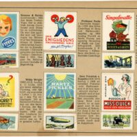 Denmark – Magasinets Prize Competition Poster Stamp Album. Poster stamps printed by Andreasen & Lachmann for a collecting competition in 1932. Stamps advertised business and products, the tabs had historical information next to each in the album. 60 stamps and 60 tabs printed together, but were mounted separately in the album.