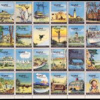 "Maine Vacationland" tourism promotion pane of 24, published by Maine Poster Stamp Society, 1940; artist signature Don Mackay; size approx. 10.5" x 9.7"; four-color process printing.