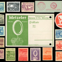 German tire manufacturer Metzeler AG was founded in 1863, and made extensive use of poster stamps to advertise their many product lines, including rubberized materials for clothing, household, and even aircraft use. There are at least 35 different poster stamp design, in a variety of colors.