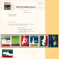 1937 Letter from Mid-States paper company, sending the latest advertising strip of 6 stamps to a collector, apparently without charge, enclosed loosely. The letterhead art is printed, not pasted on, but the Capitol building at bottom left was pasted on the letter.