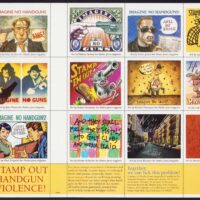 Sheet of stamps produced by Mother Jones Magazine, approx. 13" x 8.5", used as a combination fundraiser, propaganda, advertising & free gift for subscribers. 12 stamps, artist listed with stamp; Printed using 4-color process ©1993