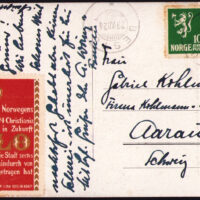 Card mailed from Bestum, Norway to Aarau, Switzerland on December 29, 1924 . The stamp at left is in German: "The capital of Norway, called Christiania from 1624 to 1924, will henceforth be called OSLO, the name the city bore for six centuries from 1047 to 1624. The change takes effect on January 1, 1925." A big change, remembered by very few –except in Norway–100 years later.