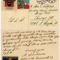 Postal card mailed from Berlin, Germany to Chicago, IL in September 1938. Card is addressed to Alice C. Westphal who was active in, and an officer of, several stamp clubs in the 1930s and 1940s. The sender was offering to sell their poster stamp collection of 10,000 stamps for $50.00.