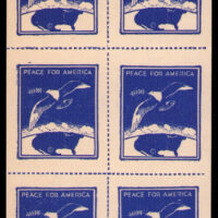 Unknown artist & printer "Peace For America" stamps with Eagle, Olive branch flying over a US map. Size 2.6" x 7.5" pane of 10. Gummed & rouletted with blue ink dashes on the roulette cuts. Probable era between the World Wars.