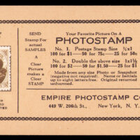 August 31, 2023
An advertisement to get your picture on stamps. Flyer of tan paper, 3" x 5.5", with a sample stamp of "Helen" pasted on. Probably early 1900's era. The stamp is a small glossy photograph, the picture was not converted to a printing plate; as noted, it was copied, gummed and perforated for 1¢ each.
