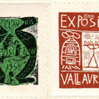 Two poster stamps showing posters by Pablo Picasso in 1954 and 1957, from a series of 16+ designs he made for the town of Vallauris, France for its annual pottery exhibition. These two posters show a vase (left) and pottery (right) with kiln, artist carrying pots, and potter’s wheel. Picasso produced the posters annually as linoleum cuts; a set of 18 poster stamps was issued after 1958.