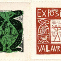 Two poster stamps showing posters by Pablo Picasso in 1954 and 1957, from a series of 16+ designs he made for the town of Vallauris, France for its annual pottery exhibition. These two posters show a vase (left) and pottery (right) with kiln, artist carrying pots, and potter’s wheel. Picasso produced the posters annually as linoleum cuts; a set of 18 poster stamps was issued after 1958.