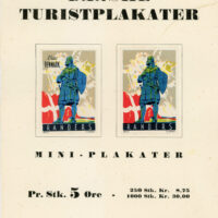 Advertising piece (5½ x 7 inches) promoting mærkat style "Mini Posters" for tourism to Randers, Denmark. The stamps depict the statue of Niels Ebbesen (1308-1340), Danish national hero. The statue stands in front of the city hall in Randers, Ebbesen's home. The stamps reproduce a poster by Hans Henrik Hansen.
