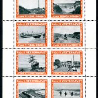 Denmark “Travel to the North Sea via Ringkjøbing” – pane of 8 stamps with black photographic centers and red-orange frames. This series is also seen with turquoise frames and teal frames. Probably published pre-1920.