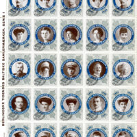 Sheet of poster stamps for the Baltic Exhibition, held in Malmö, Sweden, which began May 15, 1914. Printed by Danish newspaper Berlingske Tidende. The stamps show royalty from the 4 nations attending – Sweden, Denmark, Russia & Germany. The Exhibition was cut short due to the outbreak of World War One.