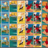 A pane of Poster stamps circa 1914, by the International Shoe Co. of St. Louis, MO touts their brands Atlantic (men), Pacific (women), Red Goose (children) and Honesty (work boots). The left margin says “any boy or girl…can obtain a handsome stamp album by sending six cents to the…International Shoe Co., St. Louis, Mo. Write your name and postoffice plainly”…13.5 x 9.5 in.
