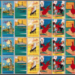 A pane of Poster stamps circa 1914, by the International Shoe Co. of St. Louis, MO touts their brands Atlantic (men), Pacific (women), Red Goose (children) and Honesty (work boots). The left margin tells “any boy or girl…can obtain a handsome stamp album by sending six cents to the…International Shoe Co., St. Louis, Mo. Write your name and postoffice plainly”…13.5 x 9.5 in,