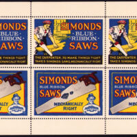 A pane of 6 stamps with 3 of 2 designs, printed c.1915, overall size 4.4”x 8.5”; inks blue, black, red & yellow. The family-owned Simonds Tool Company began in Massachusetts in 1832, and by 1915 was a national brand.