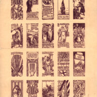 Imperforate pane of 20 stamps dated 1916. Title: Allegorical stamps for the Catalans who fight for the Allies. Seen in brown, purple, light blue or chestnut. Although Spain was neutral during WW1, many in Spain, especially in Catalan near France, openly supported France. Printed in Barcelona.