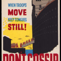 WW2 era big label 'Issued by Wartime Information Board, Canada' printed in Ottawa, artist unknown. approx. 3.5" x 4.75" on heavy paper. Soldiers are boarding a passenger ship for the war in Europe, 1940-1945.