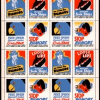 WW2 era pane of 16 stamps in 4 designs; published by Seagrams Distillery. Four ink colors black, red, yellow and light blue; artist/printer unknown. Pane 8”by 6.5”. Common, but scarce as full pane.