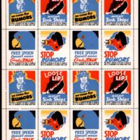 WW2 era pane of 16 stamps in 4 designs; published by Seagrams Distillery. Four ink colors black, red, yellow and light blue; artist/printer unknown. Pane 8”by 6.5”. Common, but scarce as full pane.