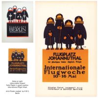 1908 poster @ upper left; 1910 May International Air Show window sign @ right; 1913 Autumn Flight Week poster stamp @ left; all by Julius Klinger for a Berlin Airport
