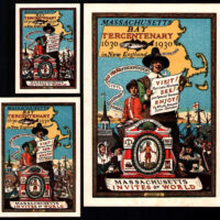 1930 set of 3 poster stamps for the Massachusetts Tercentenary tourism promotion, June to October. In sizes: 2.5, 3.4, and 5.7 inches tall, all gummed.Said to have been printed by Dennison & Co., turned down by the Bay committee as too expensive, and printed only in small test quantity.