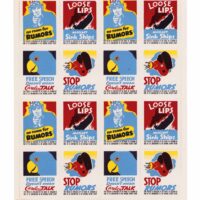 World War 2 Era pane of 16 propaganda stamps; sheet is approx. 6.5" x 8"; published by Seagrams, the whiskey maker; artist unknown.