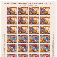 WW2 YMCA American Promotion & Charity stamp pane, 4 designs for 48 stamps, 16.4" by 7.6"; Artist and printer unknown. Click to see the full pane