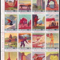 1947-Pane of 12 stamps for UTAH Centennial. Printed by the American Poster Stamp Co., but the layout of the stamps imitates the WW2 "Artists for Victory" set, printed by the EverReady Label Co. Credits in margin at top.
