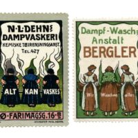 “PLAGIARISMS” was a popular feature in the PSCC Journal. The column showed poster stamps that copied images used on other stamps.
This is an example showing a Danish Poster Stamp (Dehn) and a German Poster Stamp (Bergler) using a similar image – both advertising Steam Laundries. “We Wash Everything”