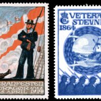 Veterans Day is a federal holiday in the United States, observed on November 11, to honor military veterans of the United States Armed Forces. The date coincides with the ending date of World War One, and was originally known as Armistice Day.
Other nations have also honored their own veterans – these poster stamps from Denmark, in 1914, honor Danish veterans of the Second Schleswig War in 1864.