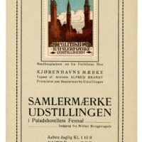 Denmark – Poster Stamp promoting a 1913 Poster Stamp Exhibition, used on an advertising card promoting the same exhibition. The card includes details about the stamp, as well as information about the exhibition, such as place, dates, hours and admission fee. The stamp was printed by Andreasen & Lachmann.
