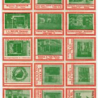 Denmark – Many businesses used photographs of their storefronts, or other images, on poster stamps in the pre-WWI era. This style of stamp has been seen in different formats and colors, with various borders. This is a block of 15 different.