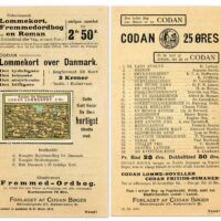 Denmark – Advertising flyer from 1915 for Codan Book Publishers, promoting their “Pocket Map” in book format with 38 maps. Codan also published poster stamps showing maps of various parts of Denmark, one of which is affixed to the flyer. The flyer also advertises many other publications from Codan.