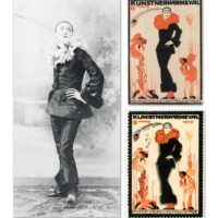 Danish artist Thor Bøgelund-Jensen (1890-1959) designed a poster for the 1913 Kunstnerkarneval (Artist’s Carneval). Photo of him as model for the poster, the actual poster, and a poster stamp with the same design. The poster and the stamp printed by Andreasen & Lachmann.