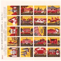 1930's Maryland State Promotion, 10" by 12.5" pane, artist & printer unknown. One stamp for each of the 23 counties plus one each for Baltimore and Annapolis. Red, Dk Sepia, and Orange-Yellow inks. Sold in a glassine bag 4" x 5".