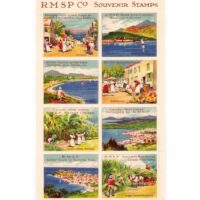Royal Mail Steam Packet Compary of Britain, active 1841 to 1932. Pane of Carribean tourism promotion stamps, dating from c.1910 thru the 1920's.
RMSP ended with a 1930 scandal and the Depression. 8.7" x 5.5" Chromo-lithographed with at least 8 spot colors, artist unknown.