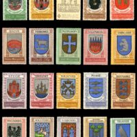 Denmark – Byvaaben – Town Coats of Arms, 1913, with backprints. Possibly the most complex set of poster stamps issued. There were 80 different, 4 different frame types, as many as 16 color combinations, for a possible set size of 5,120 different. Advertising was for Johansen & Bruun products.