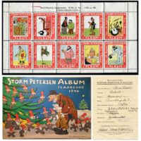 Poster stamp set in full sheet advertising Robert Storm Petersen's first cartoon album in 1913. Petersen (1882-1949) was a Danish cartoonist and humorist known by his pen name "Storm P". Also shown are an actual album from 1946 and an entry for a literature competition in Leipzig in 1927.