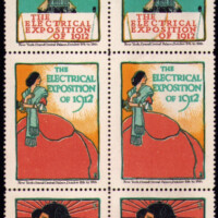 Part of a larger sheet, 1912 Electrical Expo in New York City. Note bottom stamp shows automobile show included apparently with little planning. Overall size 3.2” x 11.1”. Artist: F. G. Cooper monogram on 4 of the 5. Lithographed in black, aqua, salmon pink, ochre yellow, and blue-gray inks.