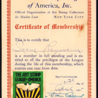 Membership form of the Art Stamp League of America for Irene Reymann, dated 12 April 1915, size about 5.1” x 7.3”. Stamp in lower left corner is not original; it was hinged over an embossed “Corporate Seal 1914” of the League. Some stains due to aged glue. The stamp was printed in several background colors, listed in Bradbury catalog.