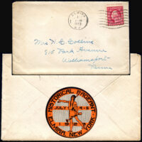 A cover with an Elmira 1923 Historical Pageant stamp, 2” diameter, a one-time affair celebrating the early history of the Elmira area– especially the Sullivan and Clinton expedition of 1779. In the Revolution, local Iroquois tribes were aligned with the British, and Washington sent Generals Sullivan and Clinton to the area to destroy Iroquois villages and burn their crops.