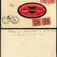 Cover mailed from Lagos, Nigeria to Sandusky, Ohio, USA in the early 1930s. The addressee - The Barr Rubber Products Co. - was indicated by using a large poster stamp instead of a written address. There is a New York "Due 4 Cents" handstamp on the front, and two 2¢ postage due stamps with Sandusky, Ohio precancels.