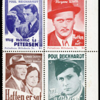 Palladium was founded by Lars Björck in 1915 as Skandinavisk Filmscentral, which owned a big chain of cinemas in Sweden. The chain’s flagship was the palatial Palladium cinema in Stockholm. In spring 1919 Björck acquired two Danish film companies, Kinografen and Dania Biofilm, in Copenhagen. The new company, Palladium, was a pan-Scandinavian film company with studios in Denmark and stage facilities in Sweden. These Danish stamps are from the mid 1940s, in a series of 112.