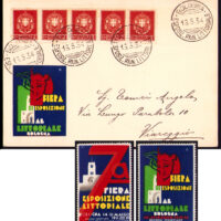 Postcard mailed Bologna to Viareggio, Italy May 1931, during the 7th Coastal Exposition. Front of card decorated with a trimmed stamp, one of two issued for the fair. Back of card is hand-stamped by the Viareggio Postal Cancellation and Postmark Collectors' Society; size approx. 4 x 5.75” Artist monograms on stamps not readable